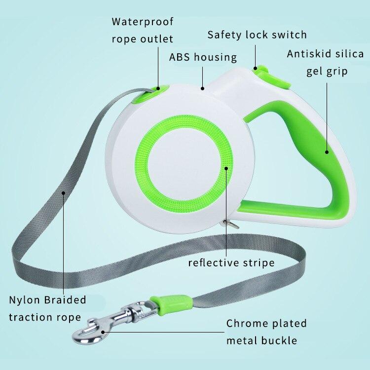 A durable nylon reflective dog leash with an automatic retractable mechanism, suitable for small and large pets, shown in a vibrant color.
