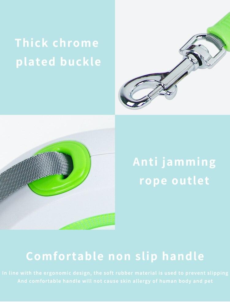 A durable nylon reflective dog leash with an automatic retractable mechanism, suitable for small and large pets, shown in a vibrant color.