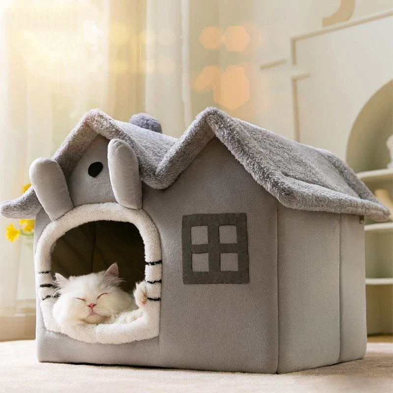 A cozy Removable Roof Plush Pet House in gray and brown, featuring a soft plush fabric and a removable roof for easy cleaning.