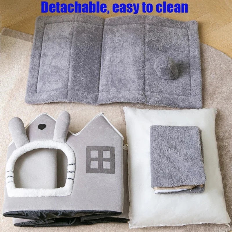 A cozy Removable Roof Plush Pet House in gray and brown, featuring a soft plush fabric and a removable roof for easy cleaning.
