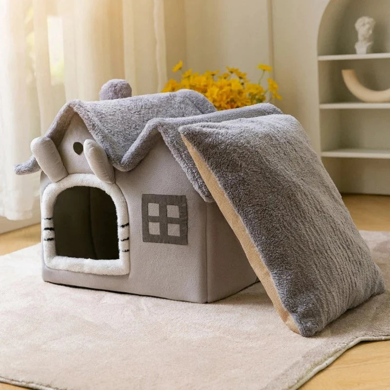 A cozy Removable Roof Plush Pet House in gray and brown, featuring a soft plush fabric and a removable roof for easy cleaning.