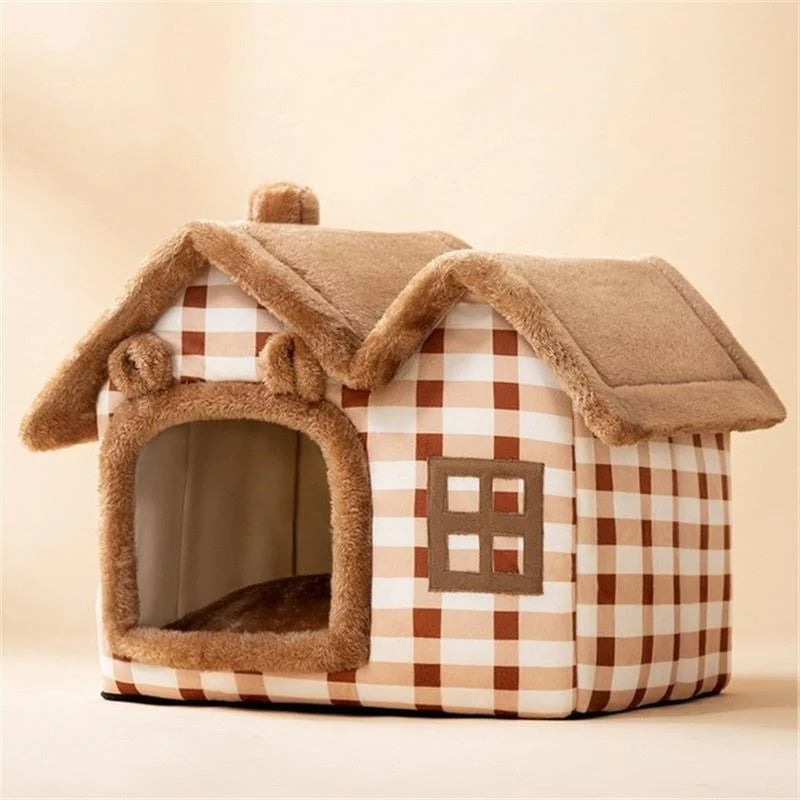 A cozy Removable Roof Plush Pet House in gray and brown, featuring a soft plush fabric and a removable roof for easy cleaning.