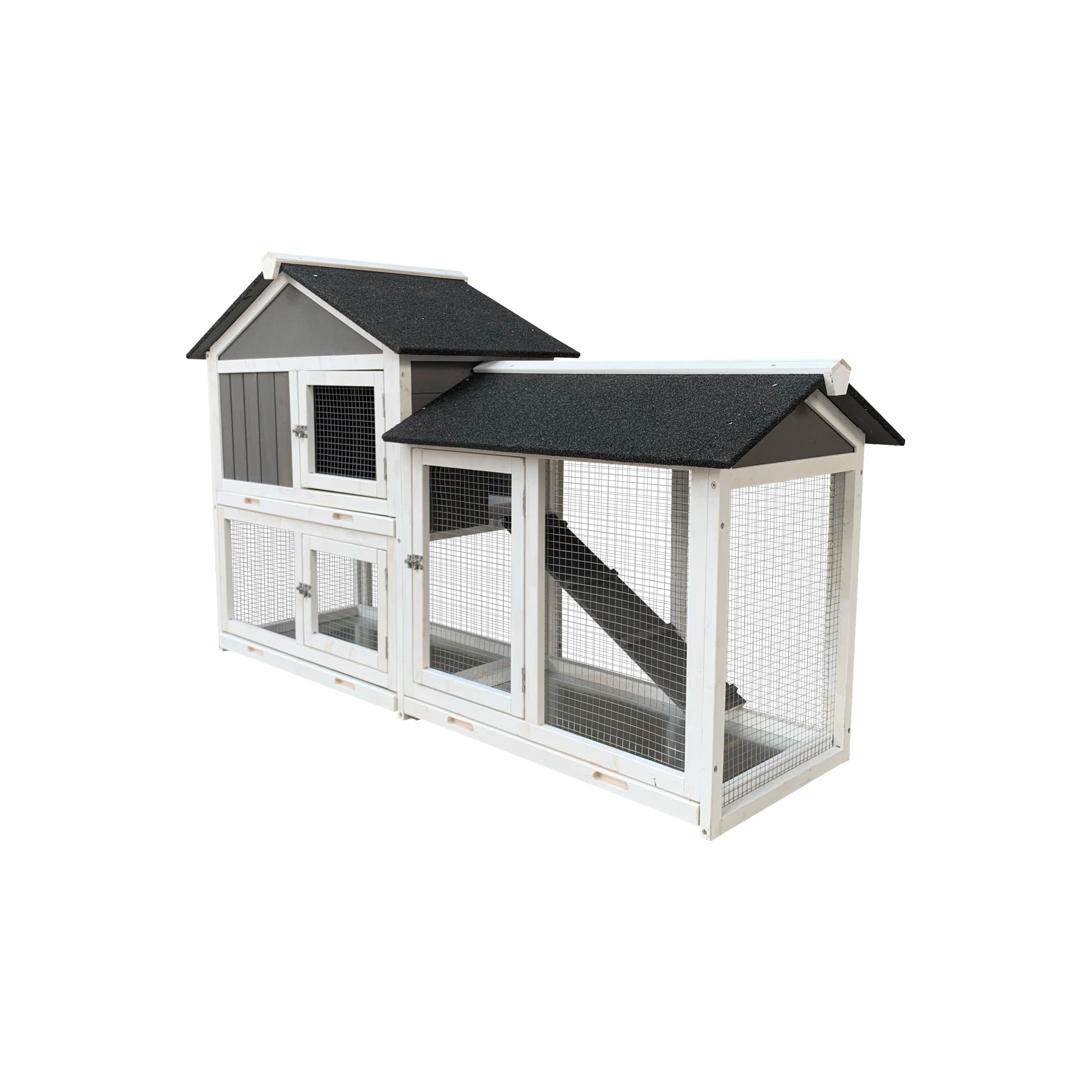A wooden outdoor rabbit hutch featuring a removable tray ramp, spacious running cage, and multiple levels for small animals.