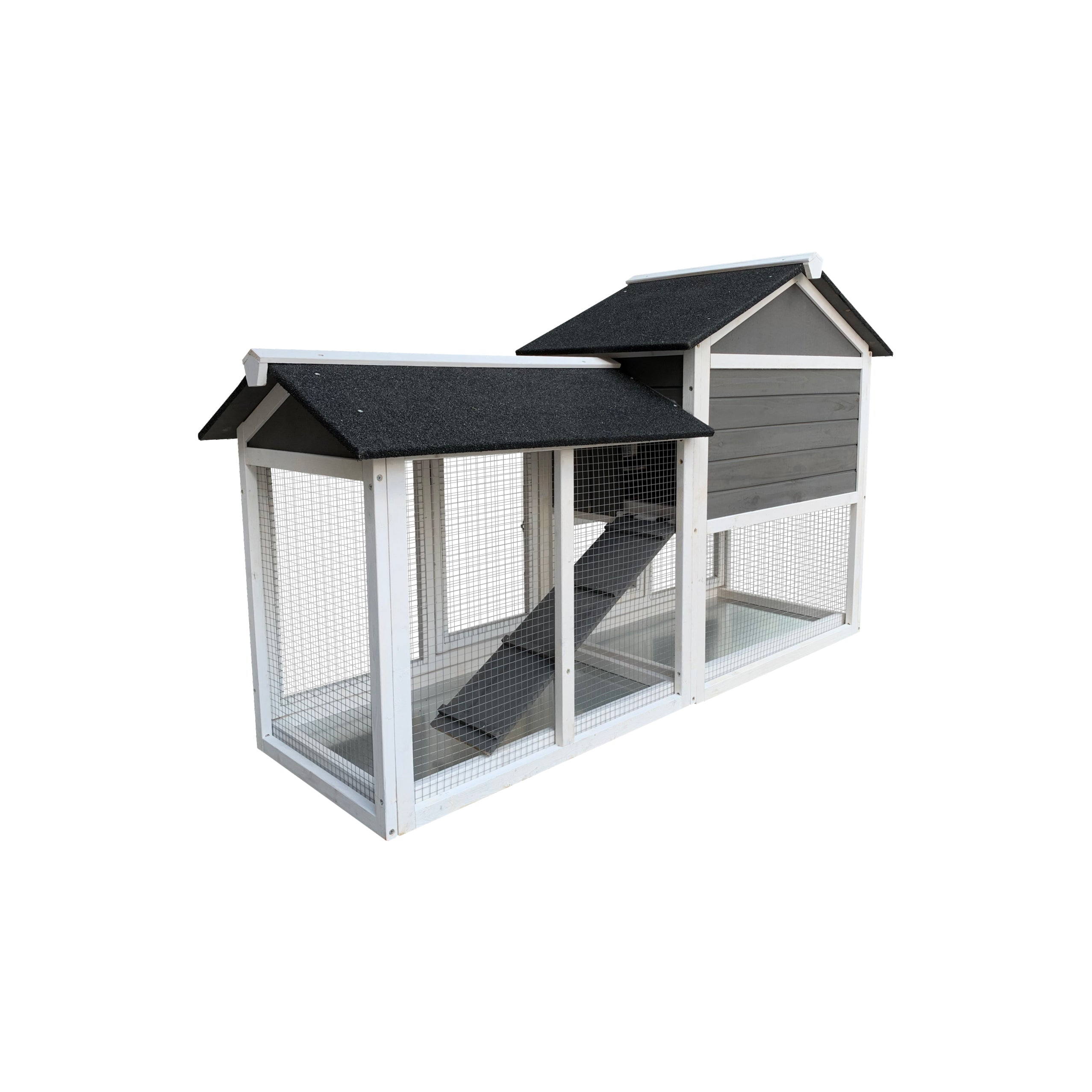 A wooden outdoor rabbit hutch featuring a removable tray ramp, spacious running cage, and multiple levels for small animals.