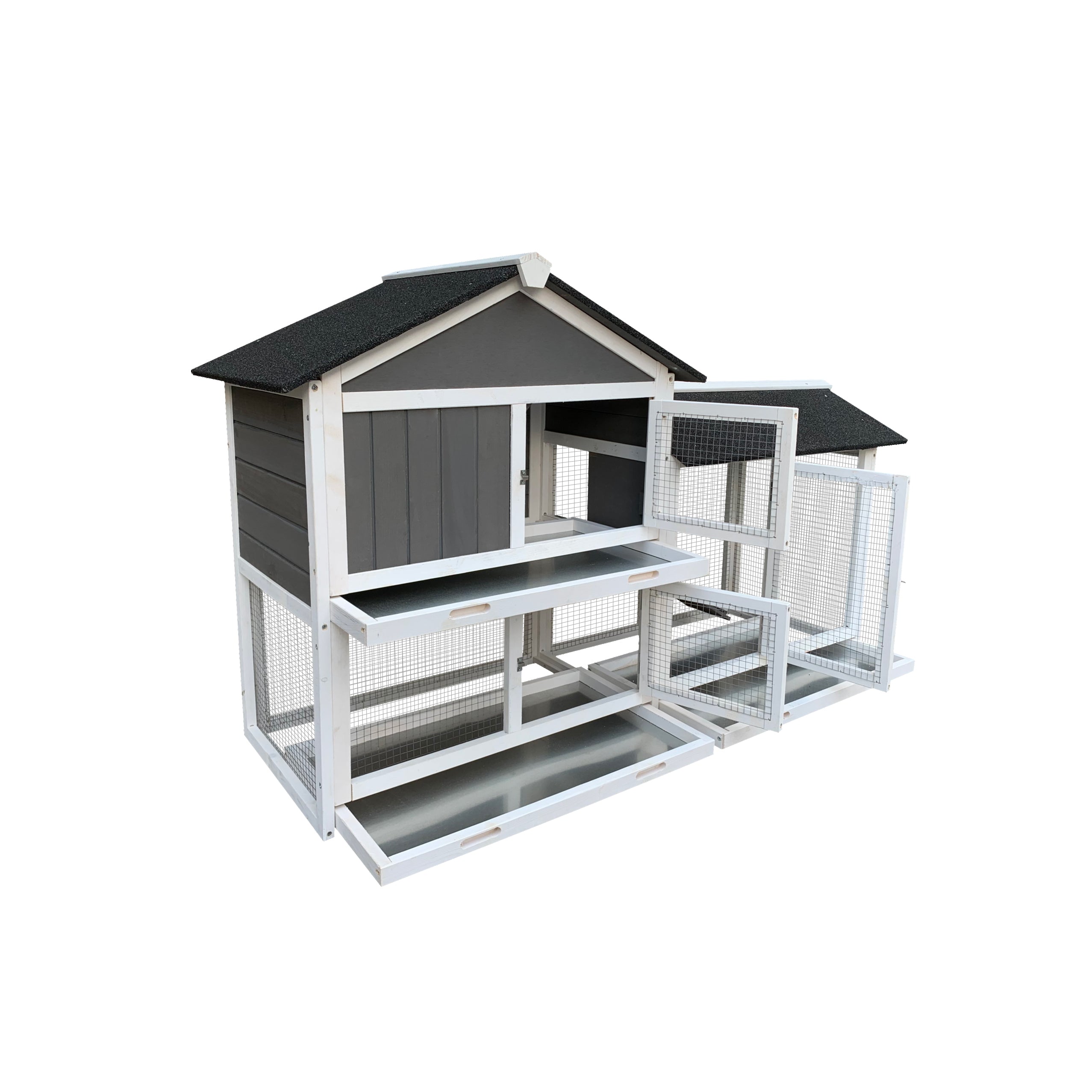 A wooden outdoor rabbit hutch featuring a removable tray ramp, spacious running cage, and multiple levels for small animals.