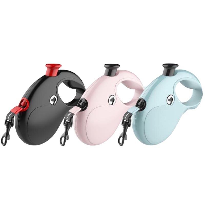 Retractable Pet Dog Leash in black, blue, and pink colors, featuring a reflective design and ergonomic handle for comfort.