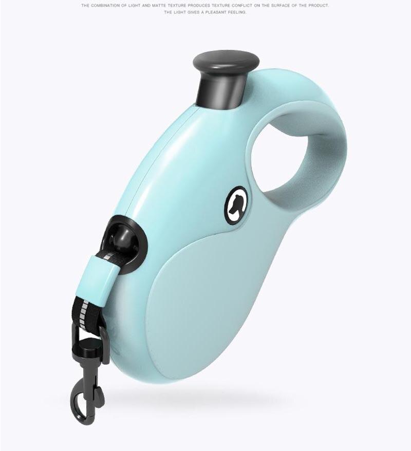 Retractable Pet Dog Leash in black, blue, and pink colors, featuring a reflective design and ergonomic handle for comfort.