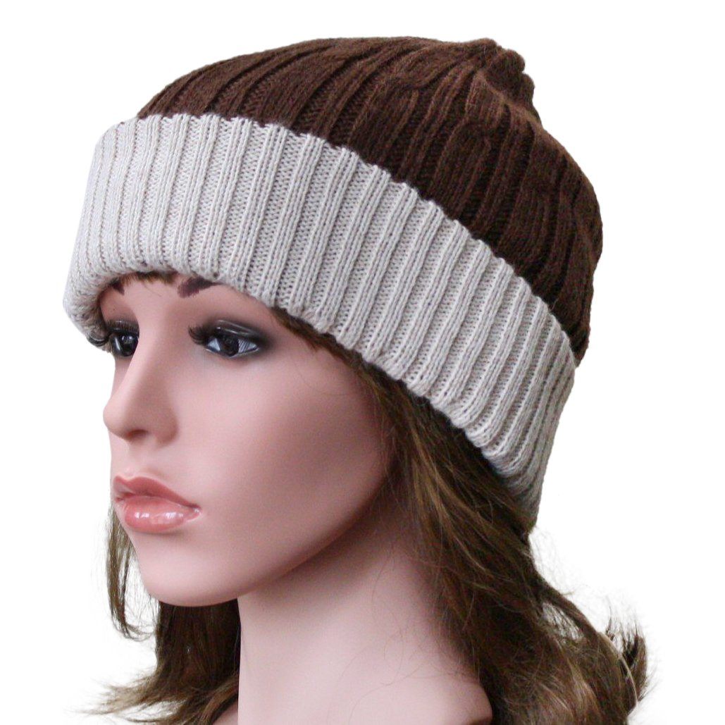 Reversible Cabled 100% Alpaca Knit Hat in brown and tan, showcasing its soft texture and stylish design.