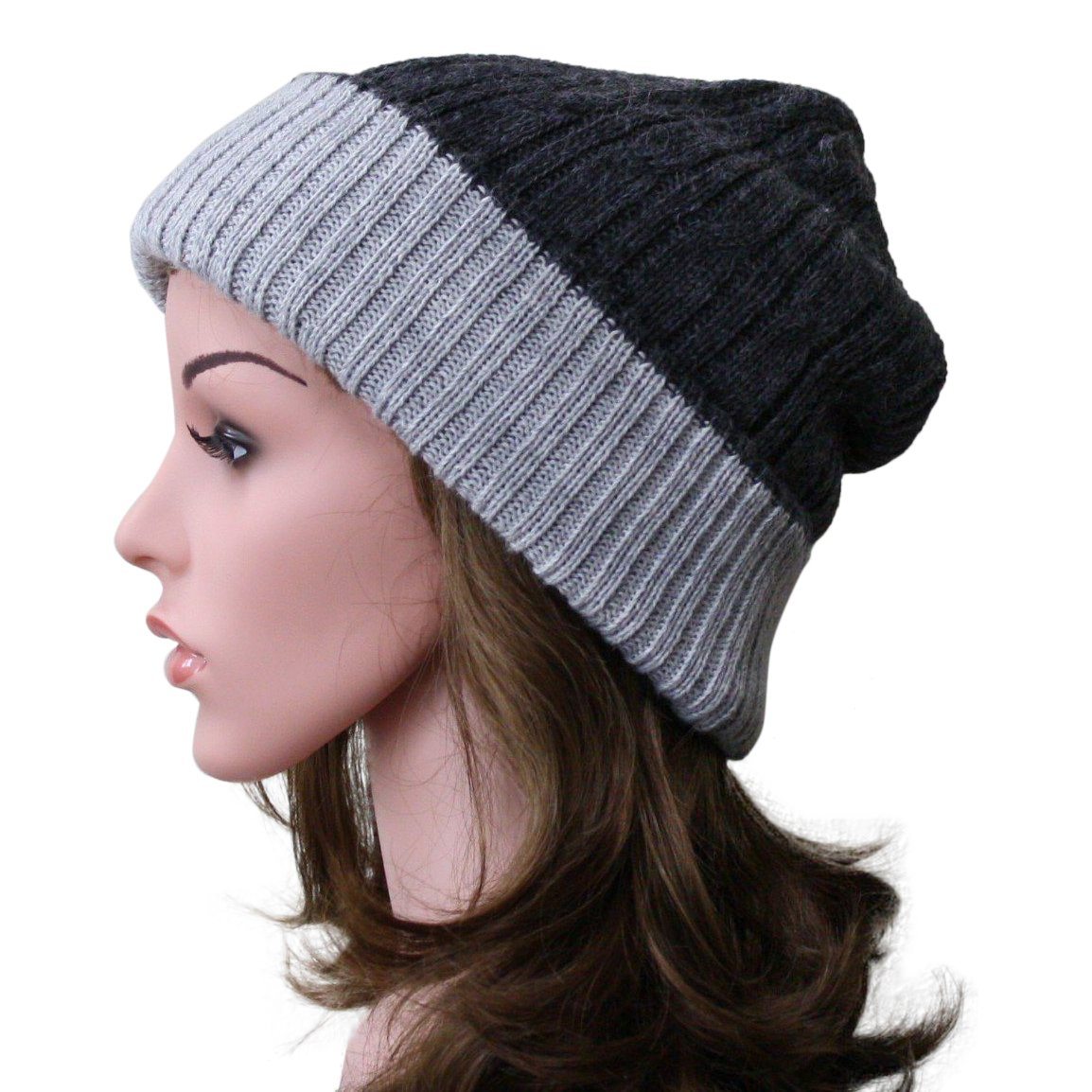 Reversible Cabled 100% Alpaca Knit Hat in brown and tan, showcasing its soft texture and stylish design.