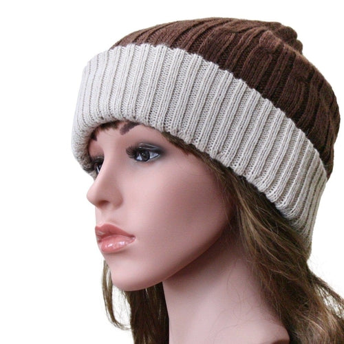 Reversible Cabled 100% Alpaca Knit Hat in brown and tan, showcasing its soft texture and stylish design.