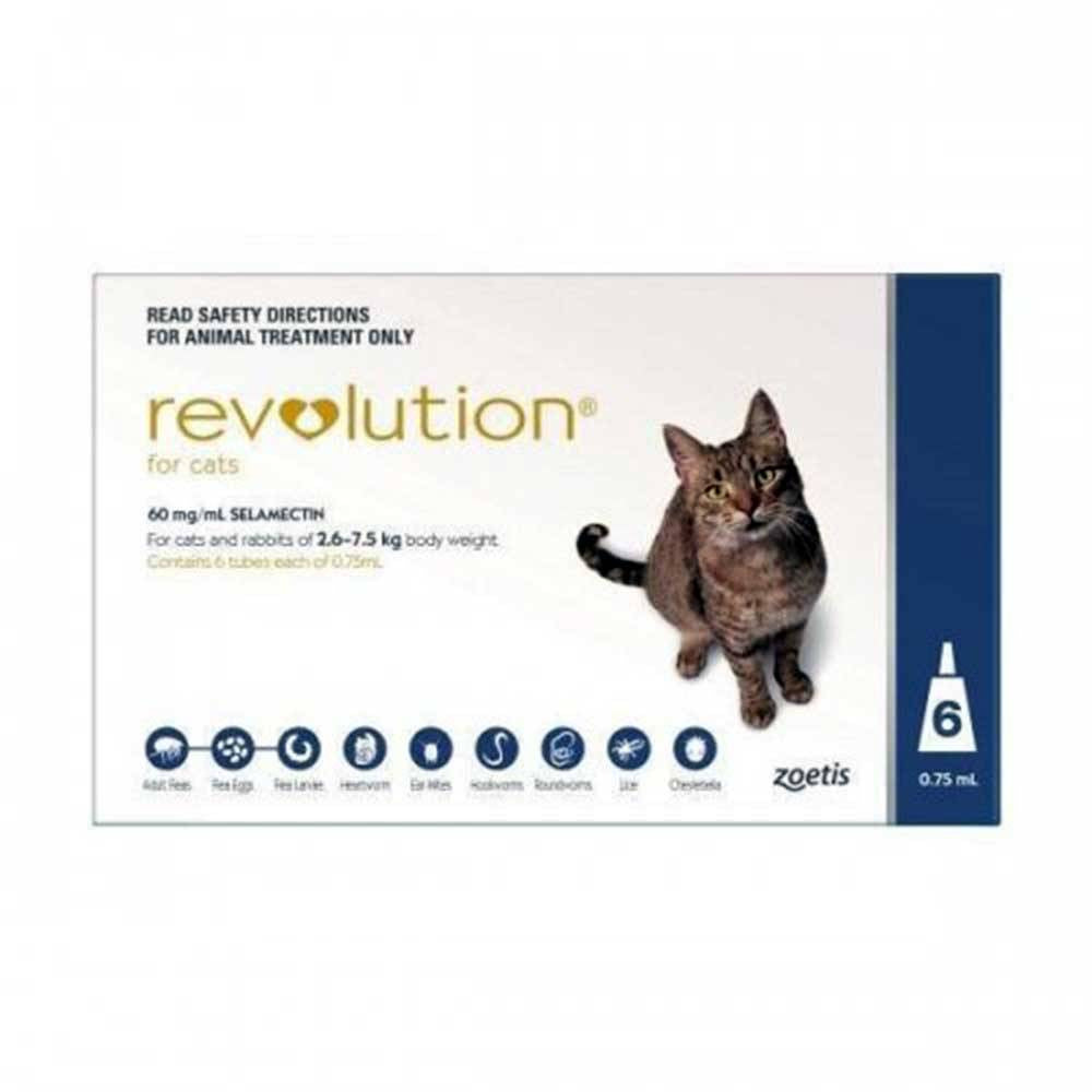 Revolution Blue Spot-on for Cats packaging, designed for cats weighing 2.6-7.5 kg, showcasing its flea and parasite control benefits.