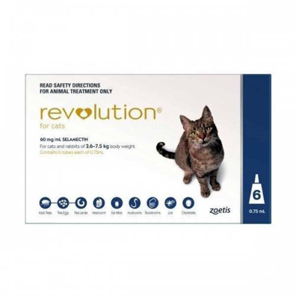 Revolution Blue Spot-on for Cats packaging, designed for cats weighing 2.6-7.5 kg, showcasing its flea and parasite control benefits.