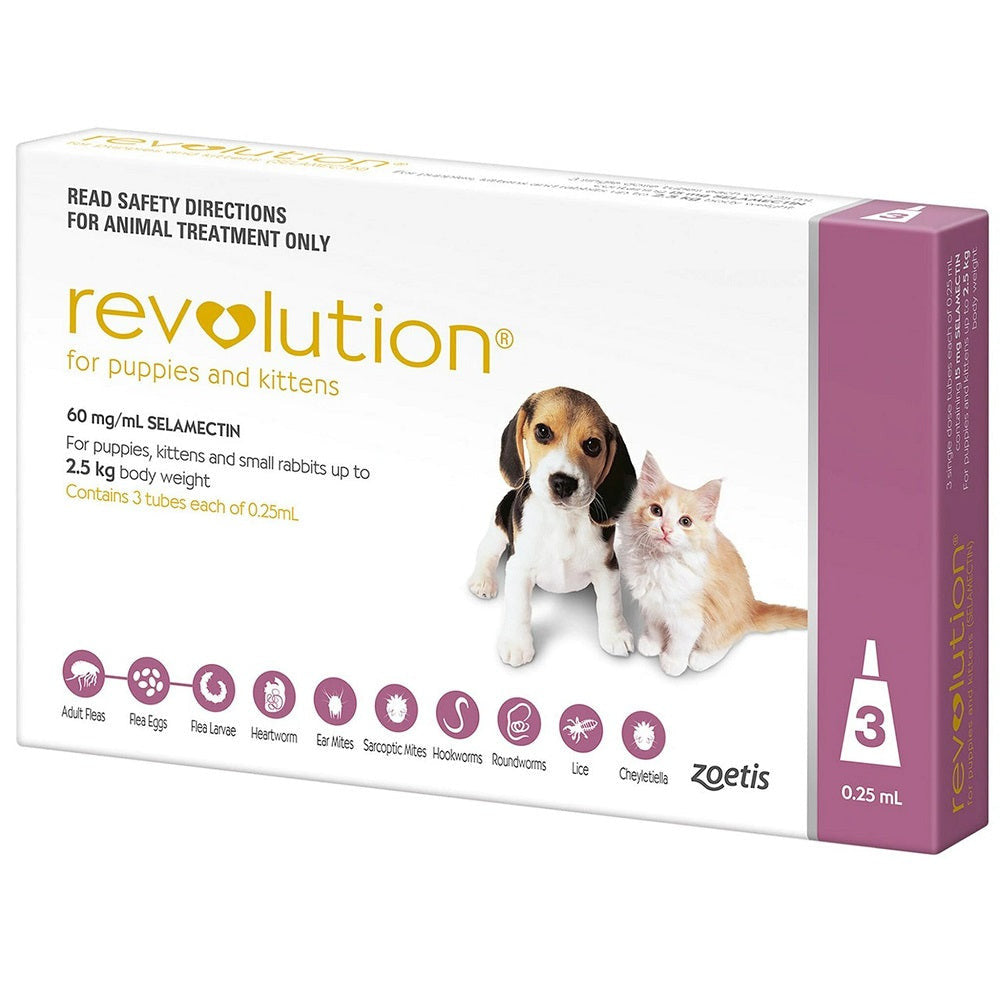 Revolution Pink treatment tube for puppies and kittens, designed for pets under 2.5kg, showcasing its easy application method.