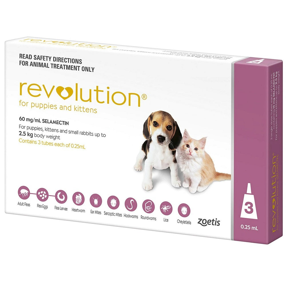 Revolution Pink treatment tube for puppies and kittens, designed for pets under 2.5kg, showcasing its easy application method.