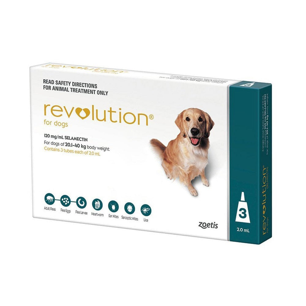 Revolution Teal for Dogs packaging, designed for dogs weighing 20.1-40kg, featuring a teal color and easy application instructions.