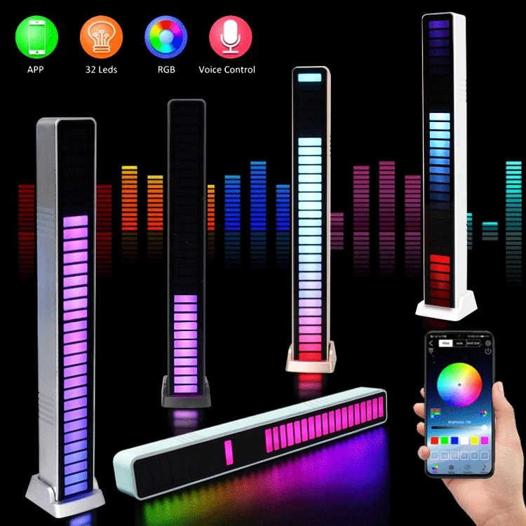 RGB LED Music Sound Control light in white, silver, and black colors, showcasing its sleek design and compact size.