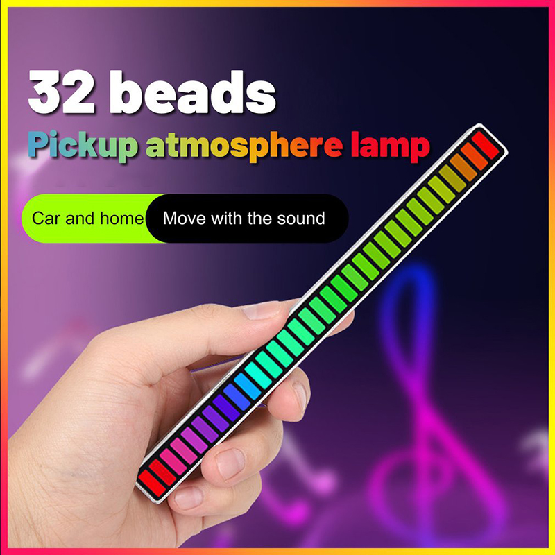 RGB LED Music Sound Control light in white, silver, and black colors, showcasing its sleek design and compact size.