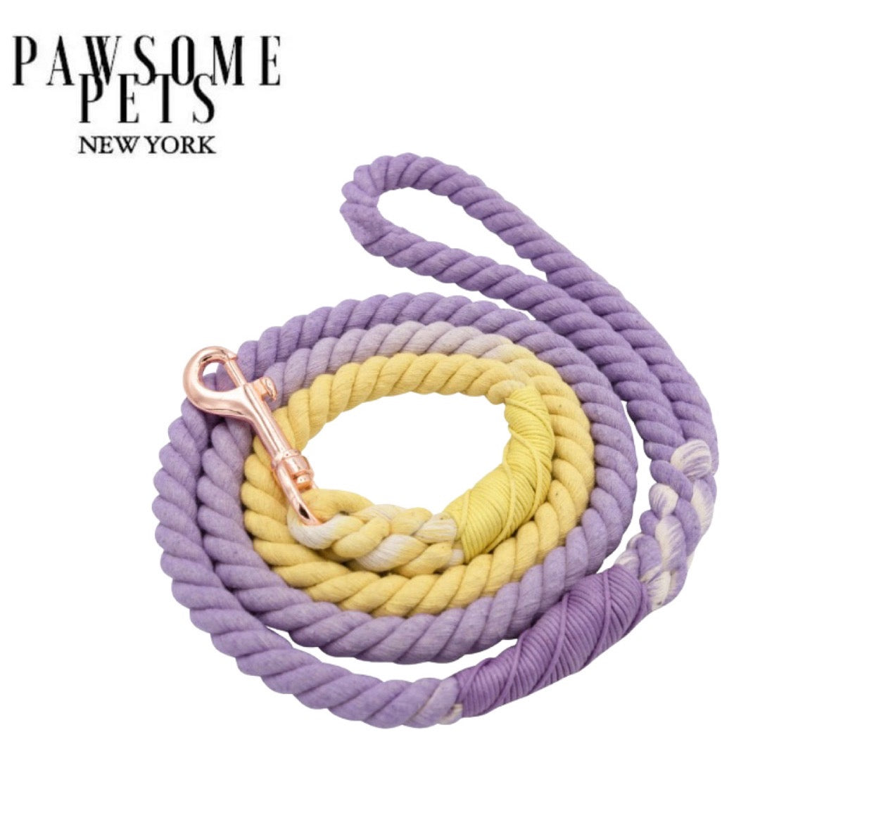 A vibrant ROPE LEASH - AURORA made of 100% cotton rope, featuring luxe hardware and a matching dog charm, perfect for stylish pet walks.