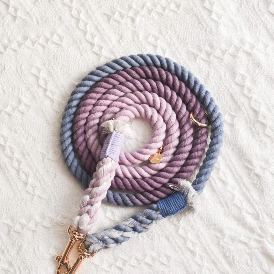 Beautiful Violet Rope Leash made from 100% cotton with luxe hardware and matching dog charm.