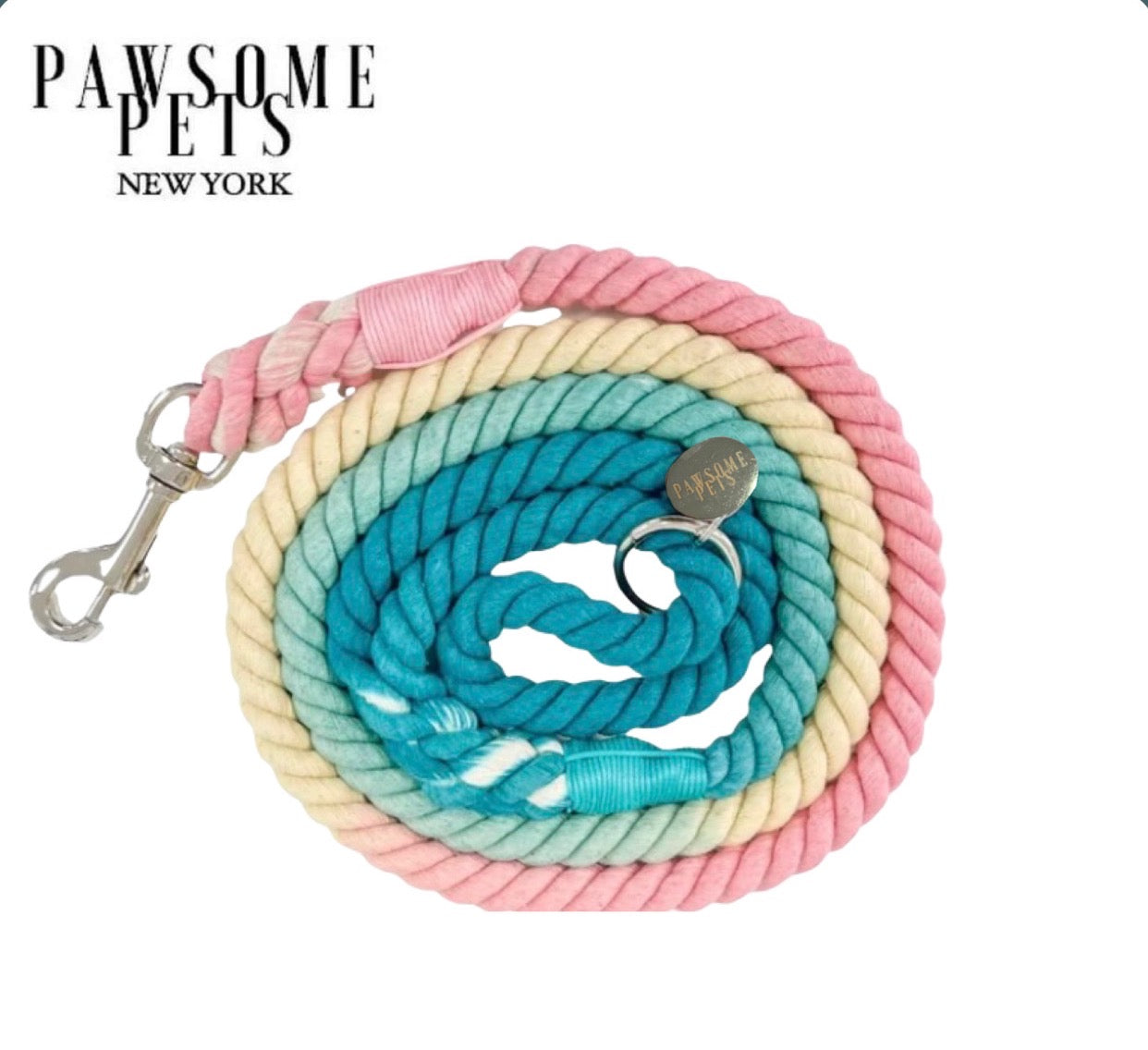 Colorful Candyland Rope Leash made of durable cotton with luxe hardware and matching dog charm.