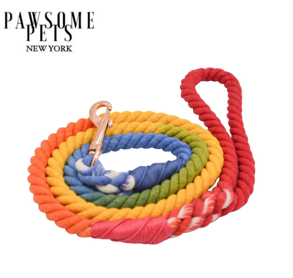 A vibrant Dark Rainbow Rope Leash made from durable cotton, featuring luxe hardware and a matching charm.