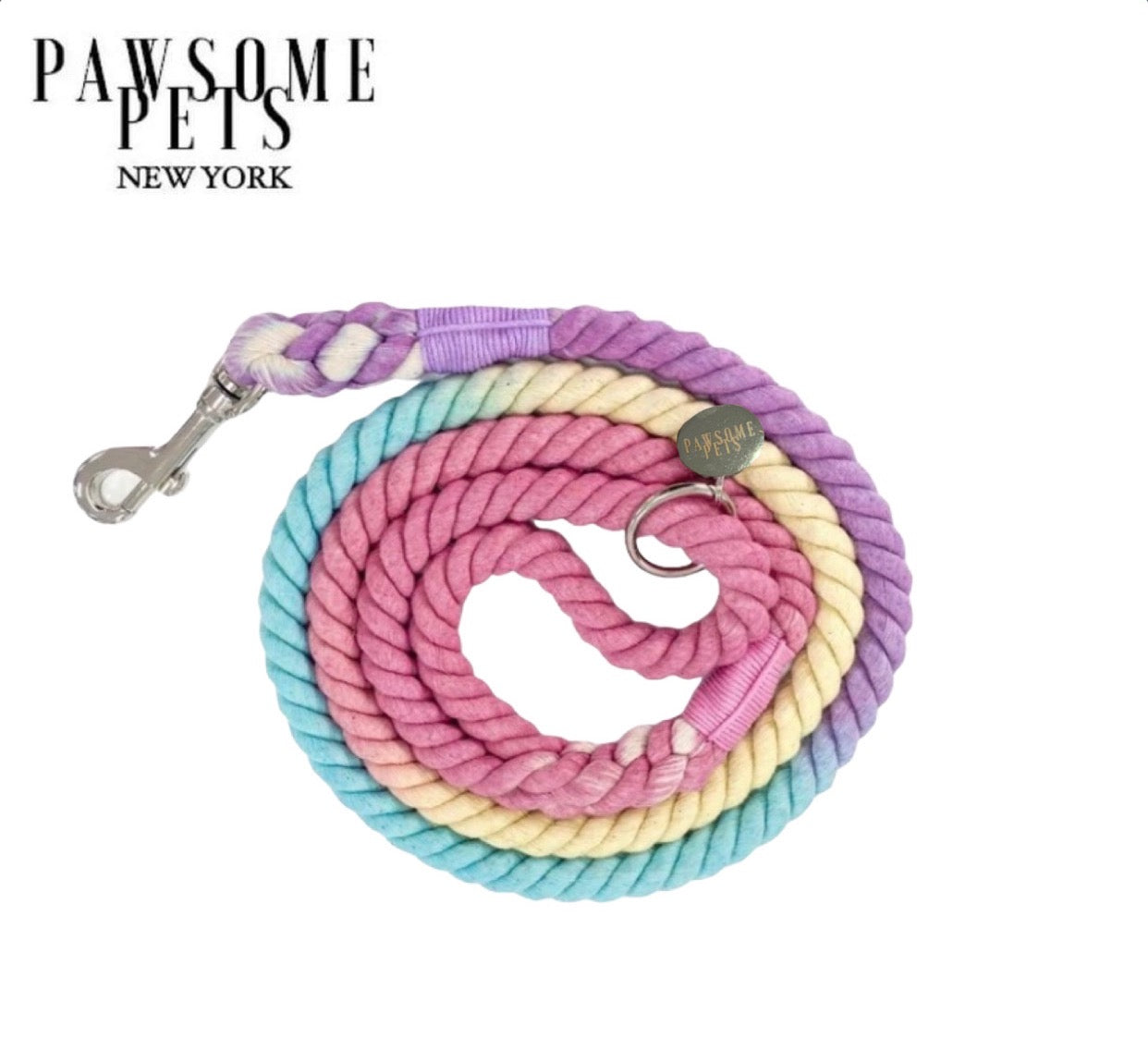 Colorful Daydream Rope Leash made of 100% cotton with luxe hardware and charm, perfect for stylish pet walks.