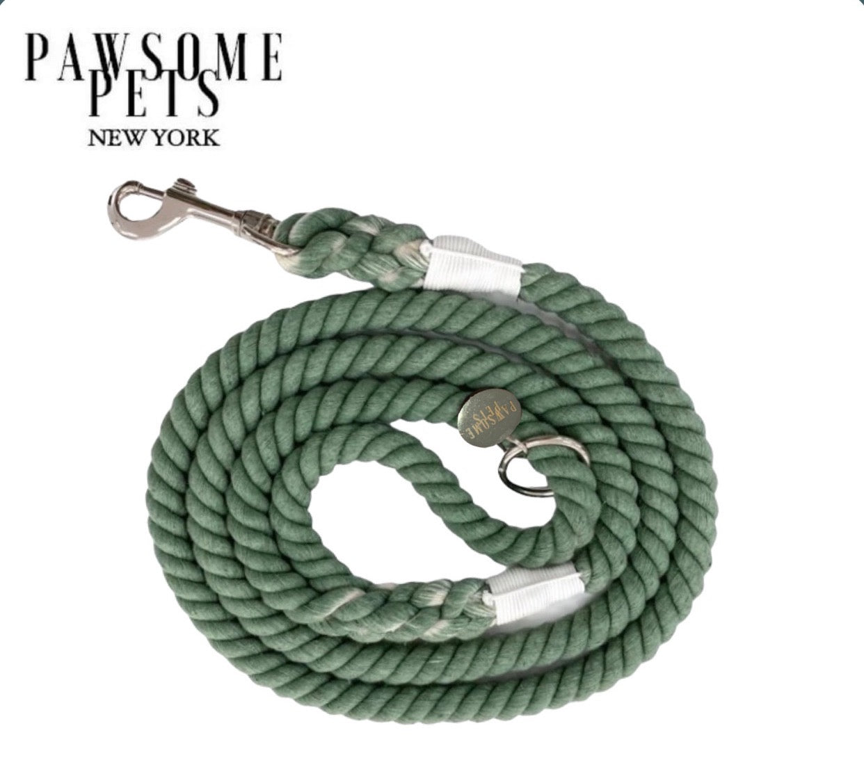 Emerald Green Rope Leash made of 100% cotton with luxe hardware and matching dog charm.