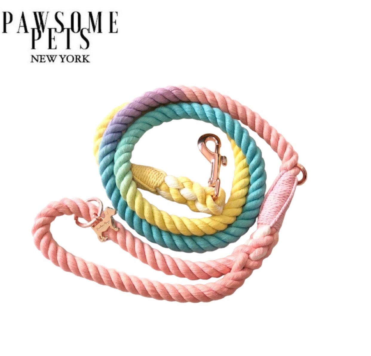 Colorful ROPE LEASH - HAWAII VIBES made from durable cotton rope with luxe hardware and a matching charm.