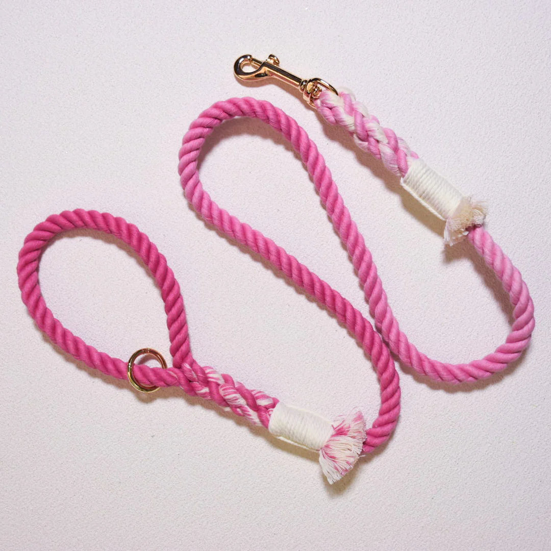 Hot pink rope leash made from 100% cotton, featuring luxe hardware and a matching dog charm.