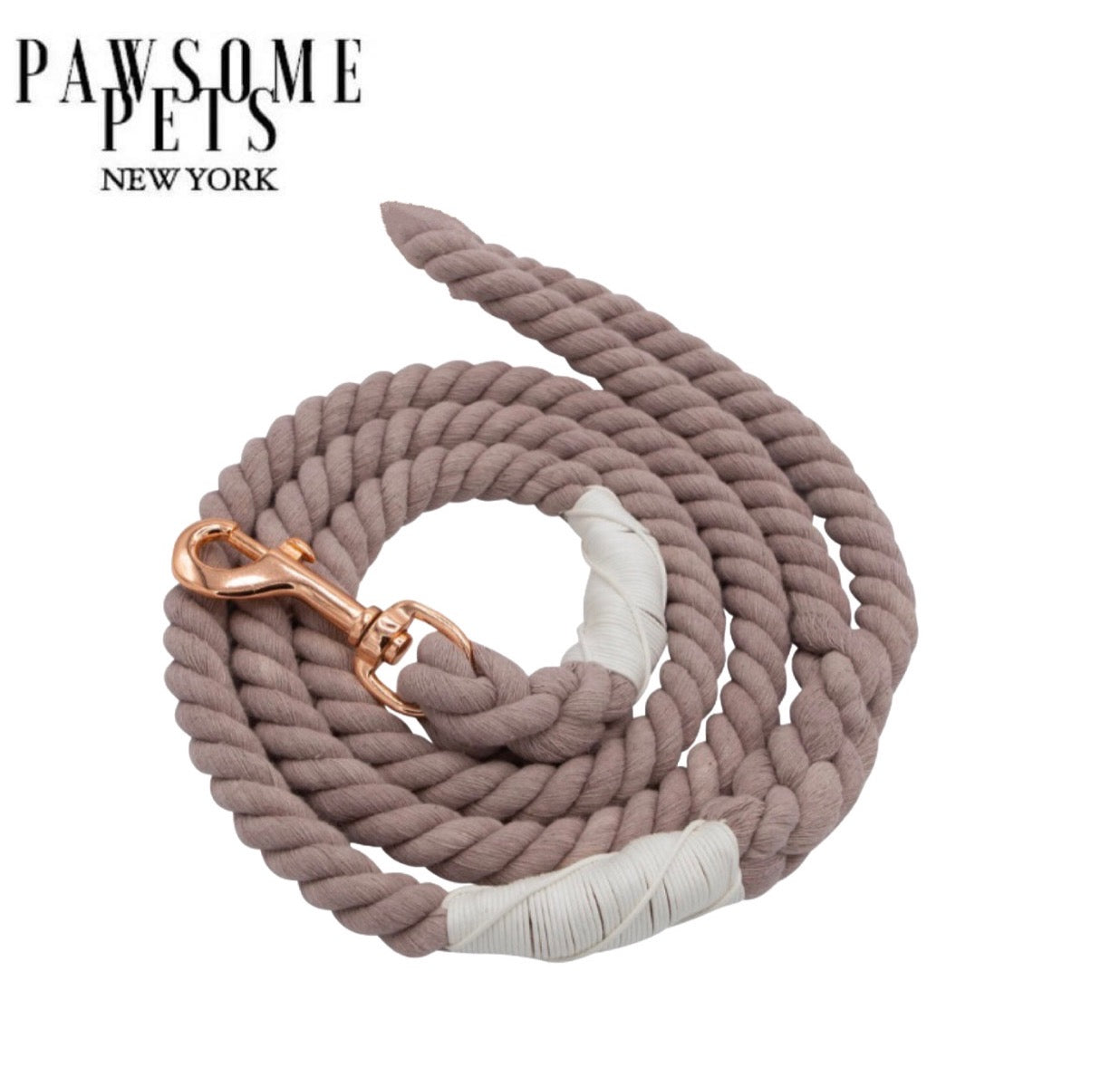 Khaki rope leash made of 100% cotton with luxe hardware and matching dog charm, perfect for stylish pet walks.