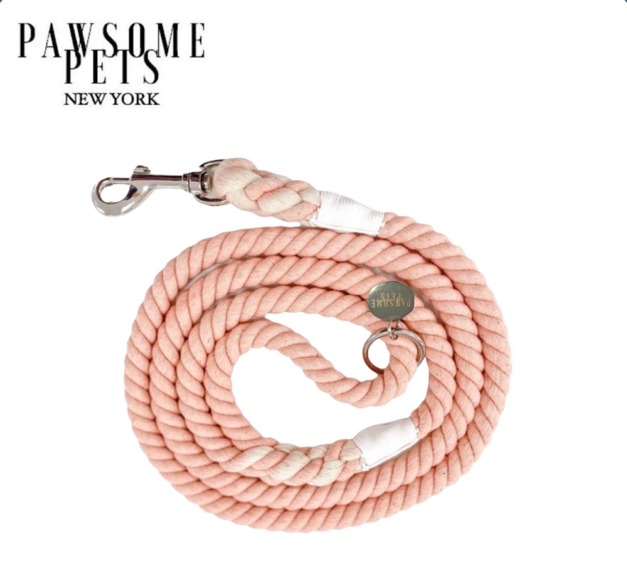 Light Coral Pink Rope Leash made from durable cotton, featuring luxe hardware and a matching charm.