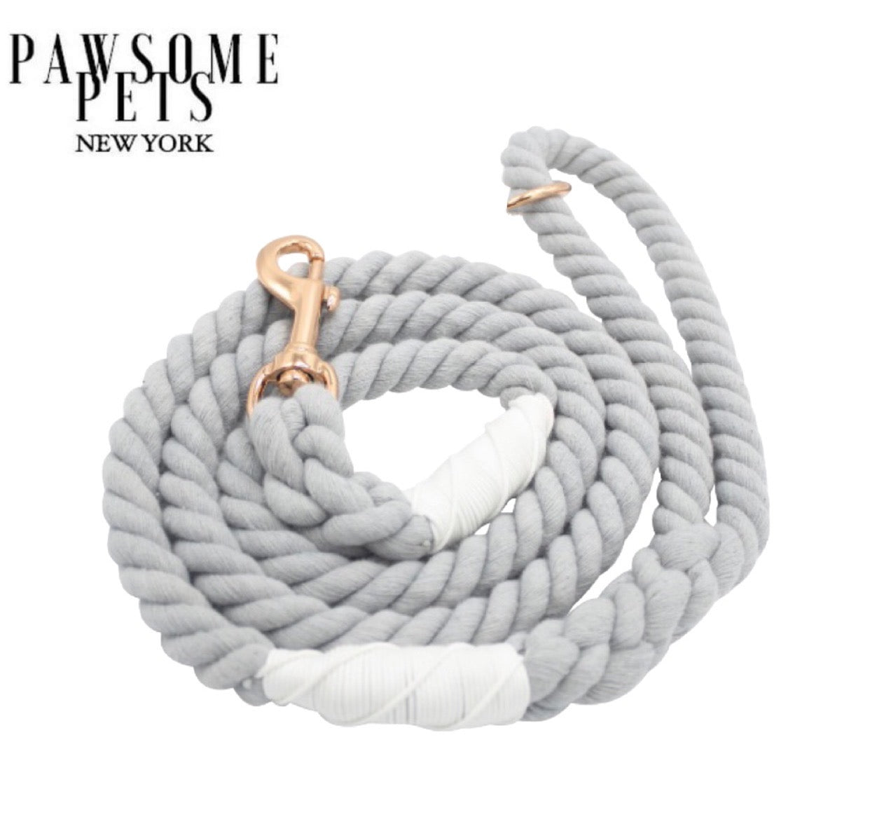 Light Grey Rope Leash made from 100% cotton with luxe hardware and matching charm, ideal for stylish pet walks.