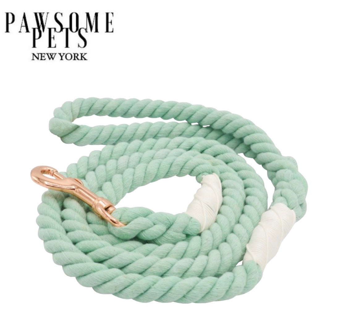 Mint Rope Leash made from 100% cotton with luxe hardware and charm, showcasing its vibrant color and durable design.