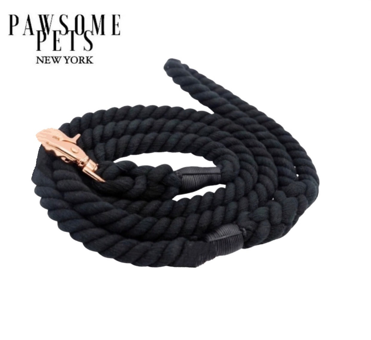 Pawsome Noir Rope Leash made of 100% cotton with luxe hardware and matching charm, showcasing its elegant design and durability.
