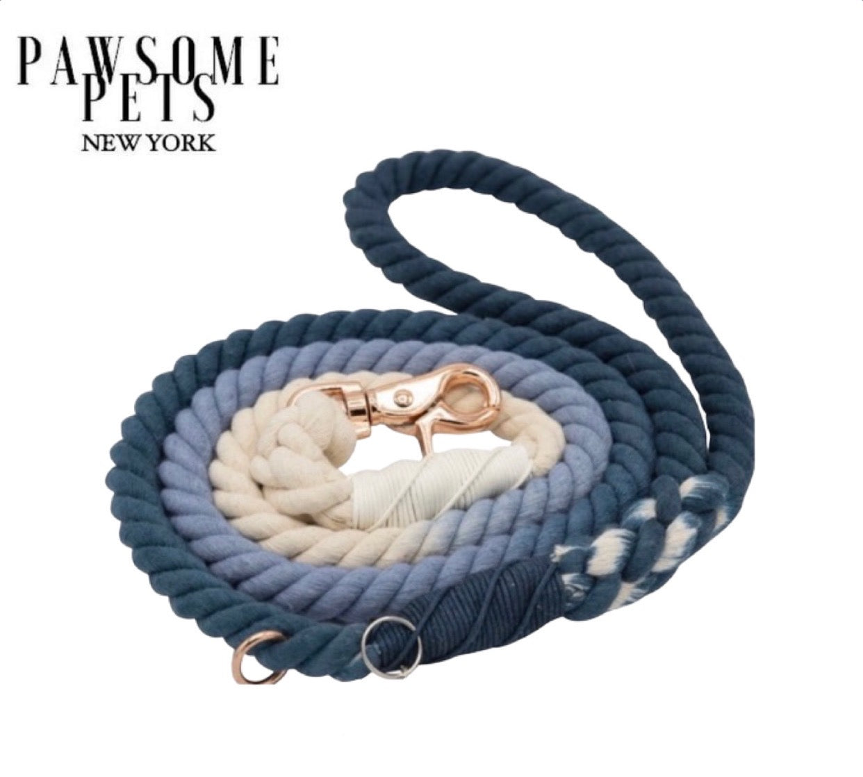 Ombré Blue Rope Leash with rose gold hardware, showcasing a vibrant color gradient and stylish design.