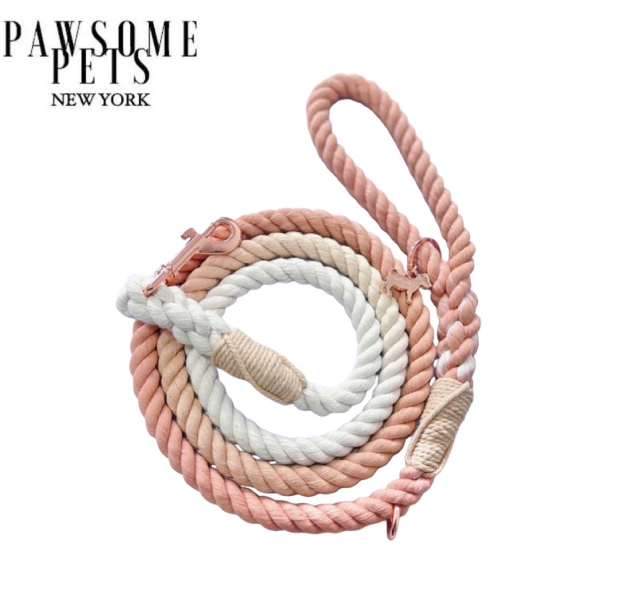 Ombre Coral Rope Leash made of 100% cotton with luxe hardware and matching charm, showcasing vibrant colors and durable design.