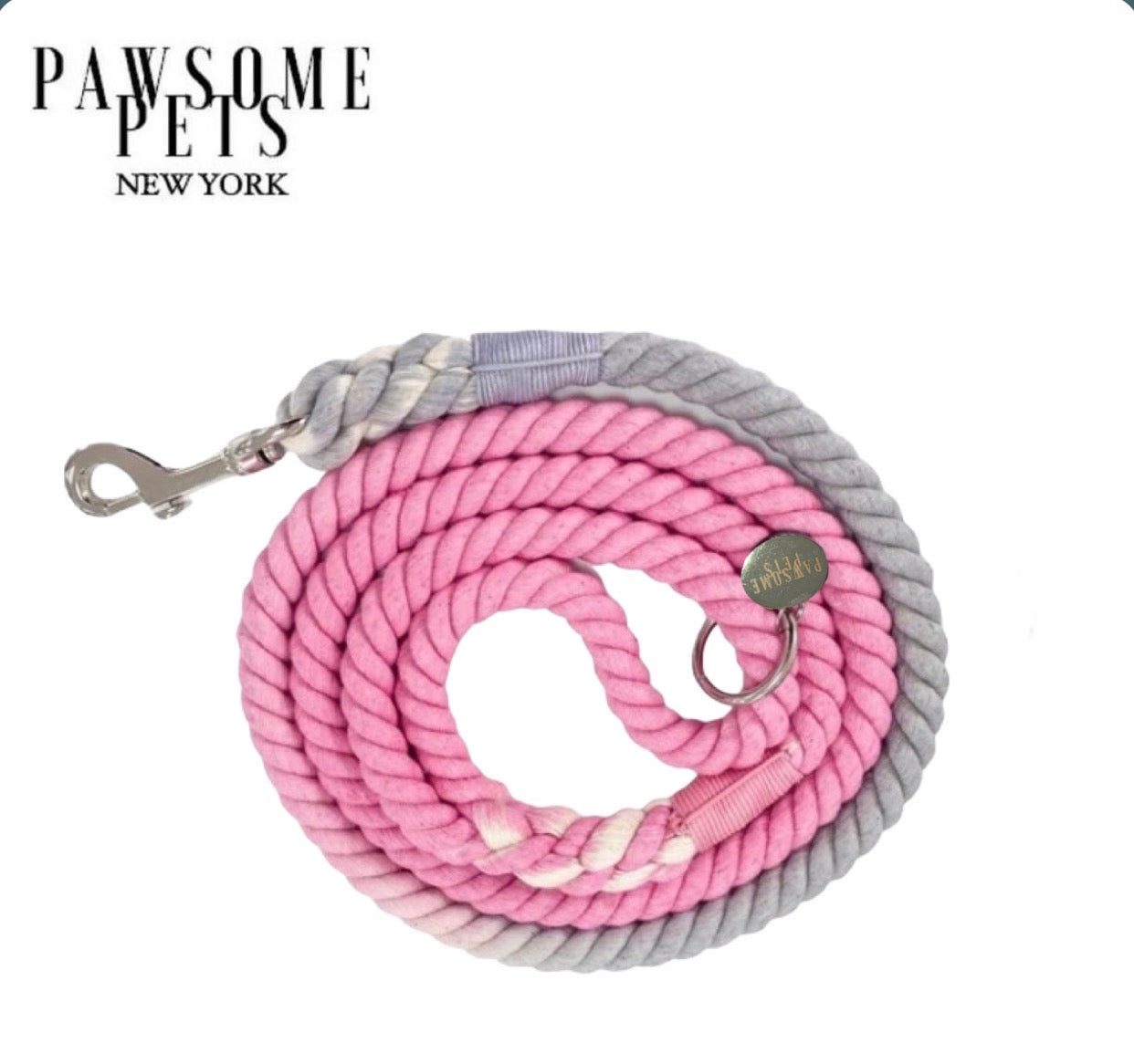 Ombre Grey Pink Rope Leash made of durable cotton with luxe hardware and matching charm.