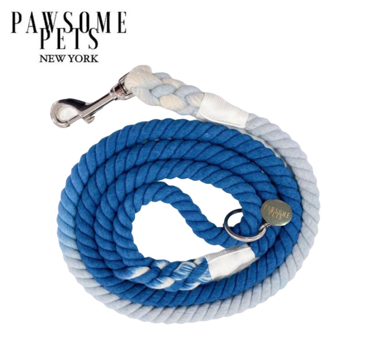 Ombre Indigo Rope Leash made of durable cotton with luxe hardware and charm, showcasing vibrant colors and strong construction.