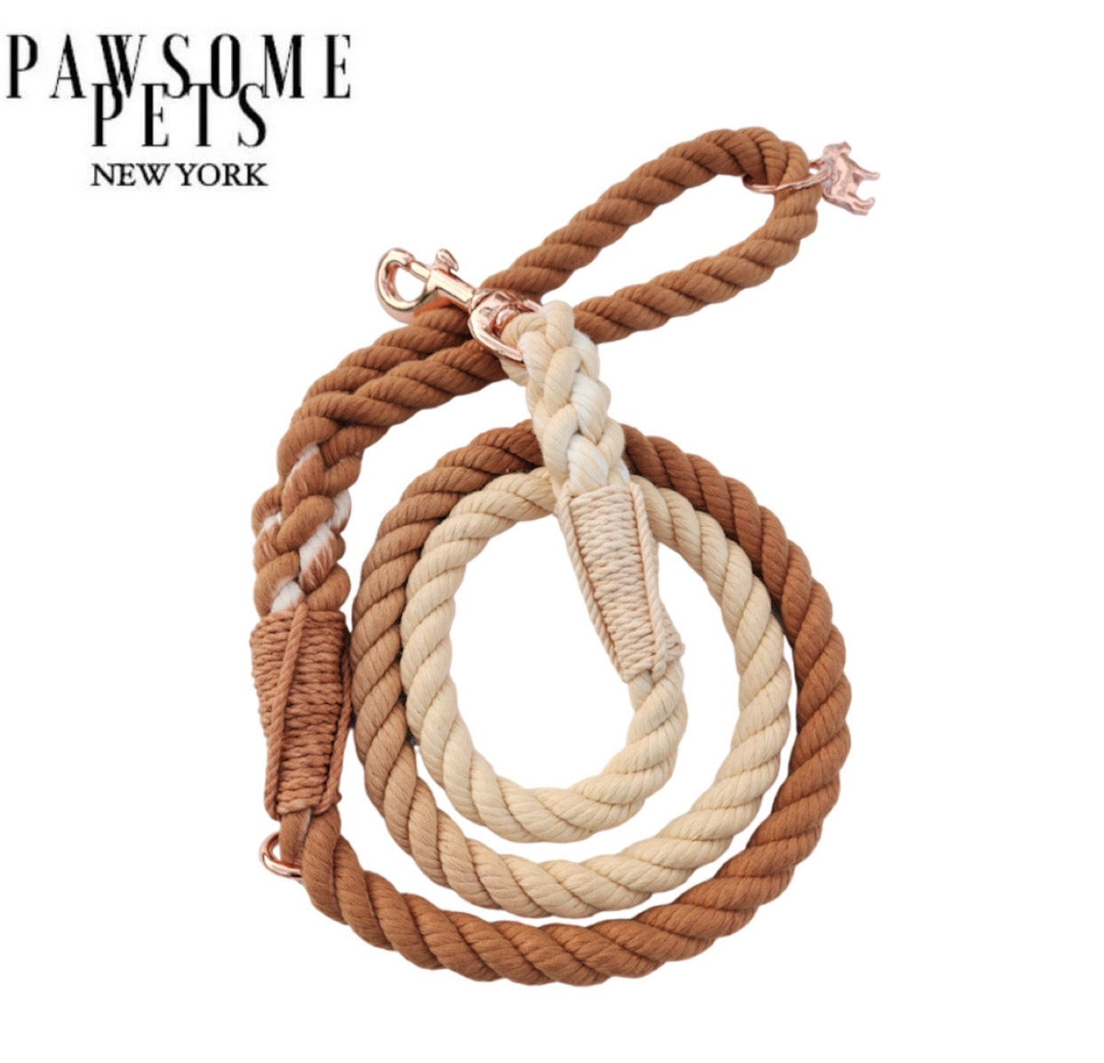 Ombre Light Brown Rope Leash made of durable cotton with luxe hardware and matching dog charm.