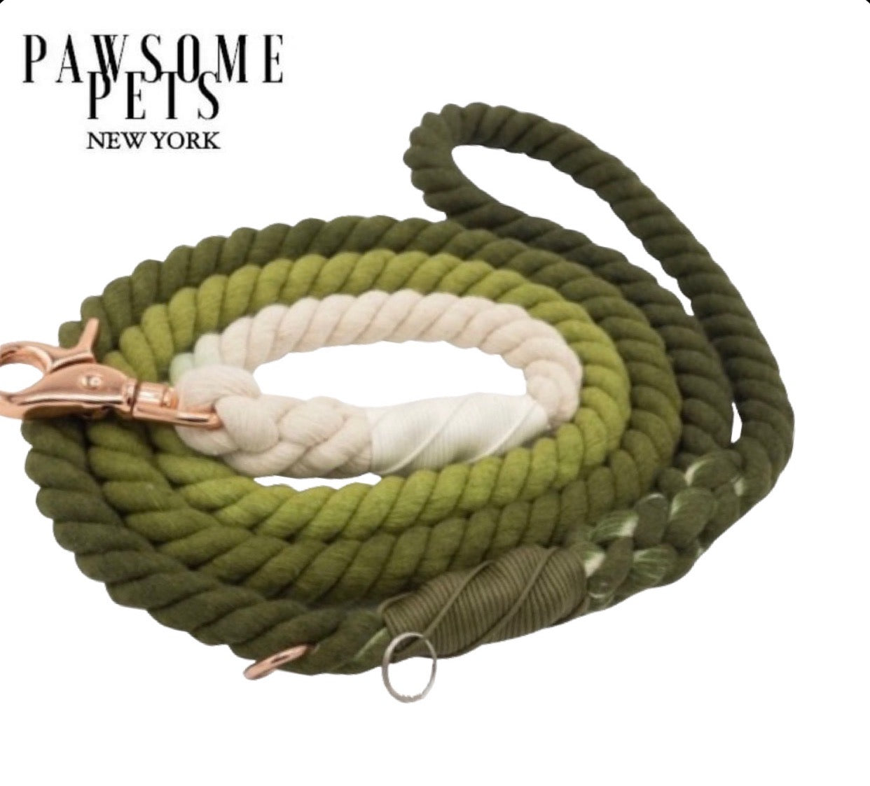 Pawsome Ombre Olive Rope Leash featuring luxe hardware and a matching charm, made from durable cotton rope.