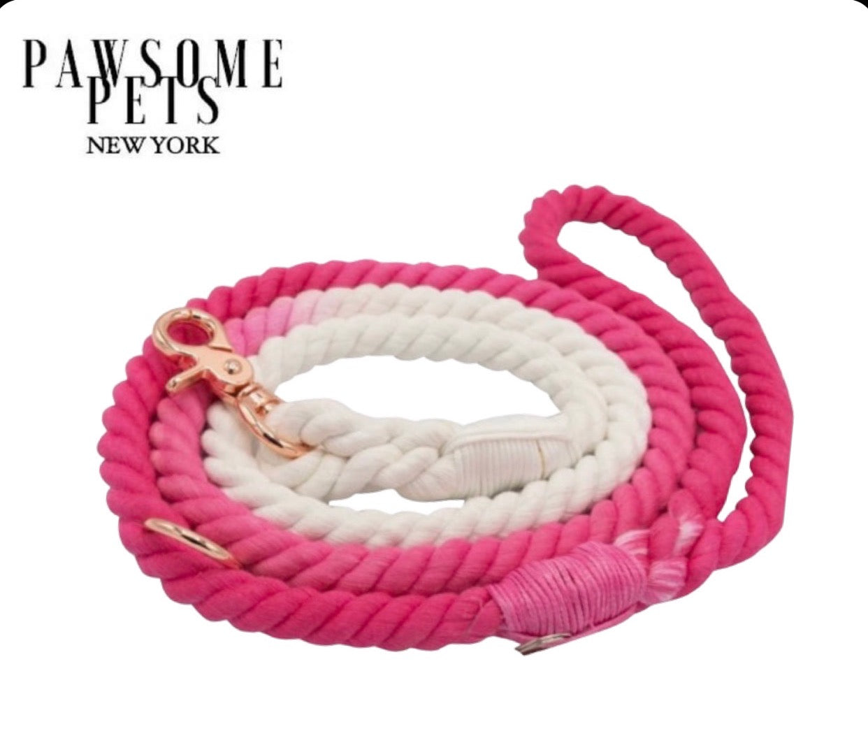 Ombre Pink Rope Leash made of durable cotton with luxe hardware and charm, perfect for stylish pet walks.