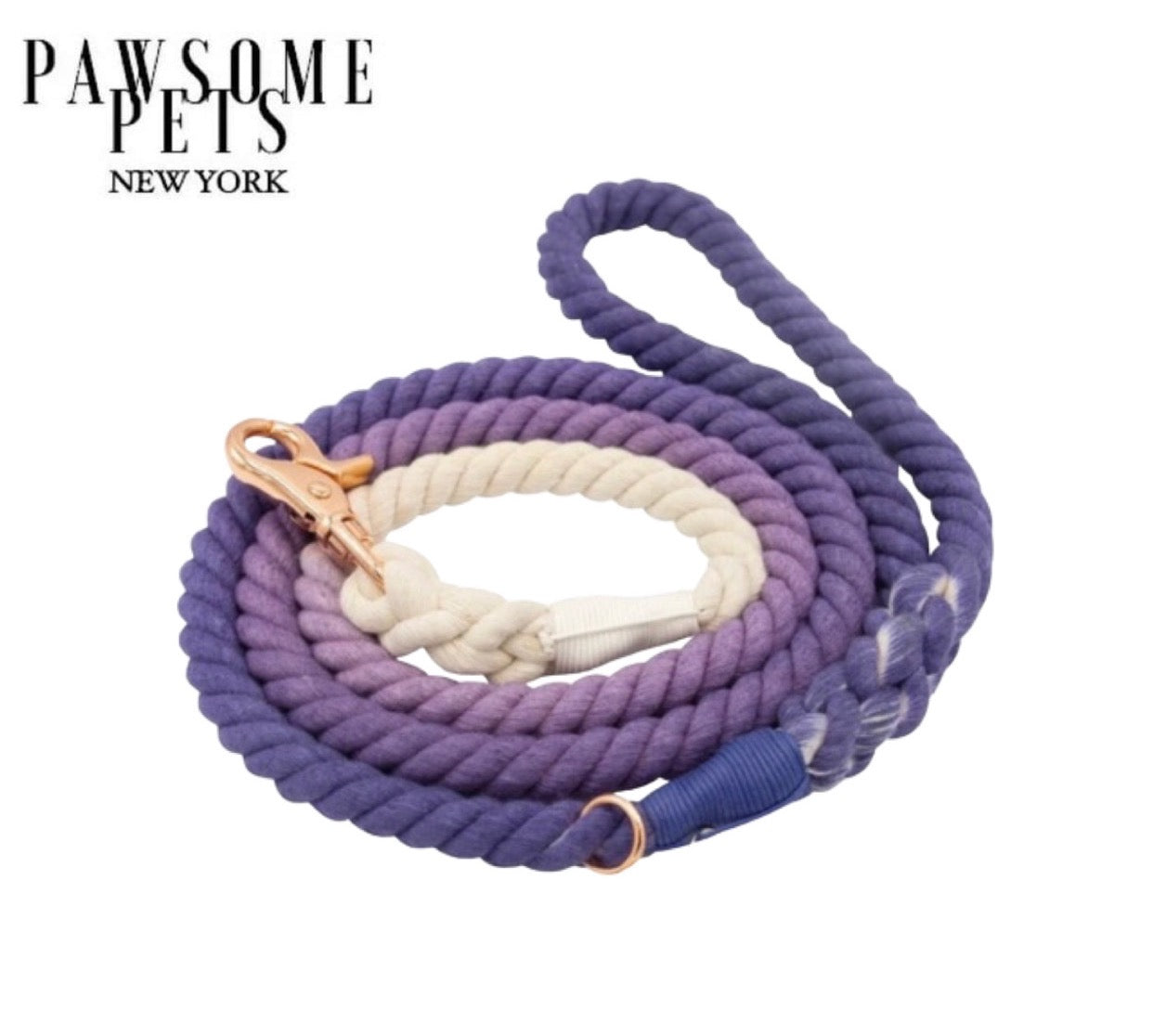 Ombre Purple Rope Leash made of durable cotton with luxe hardware and matching charm, showcasing a vibrant gradient design.