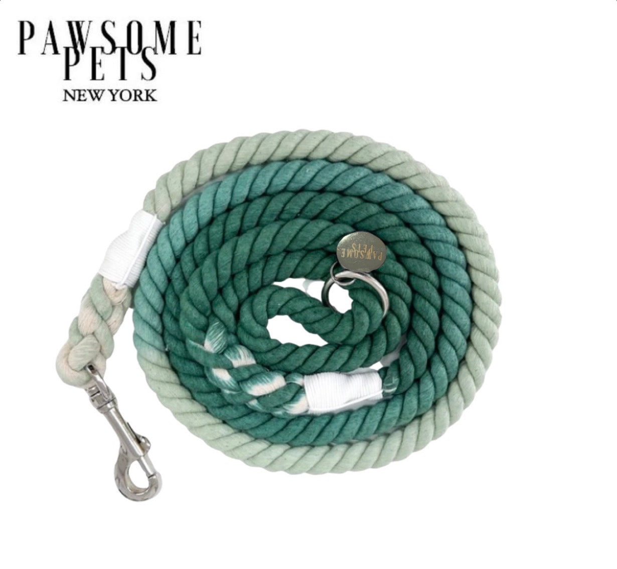Ombre Venetian Green Rope Leash made of 100% cotton with luxe hardware and matching charm, showcasing vibrant colors and durable design.