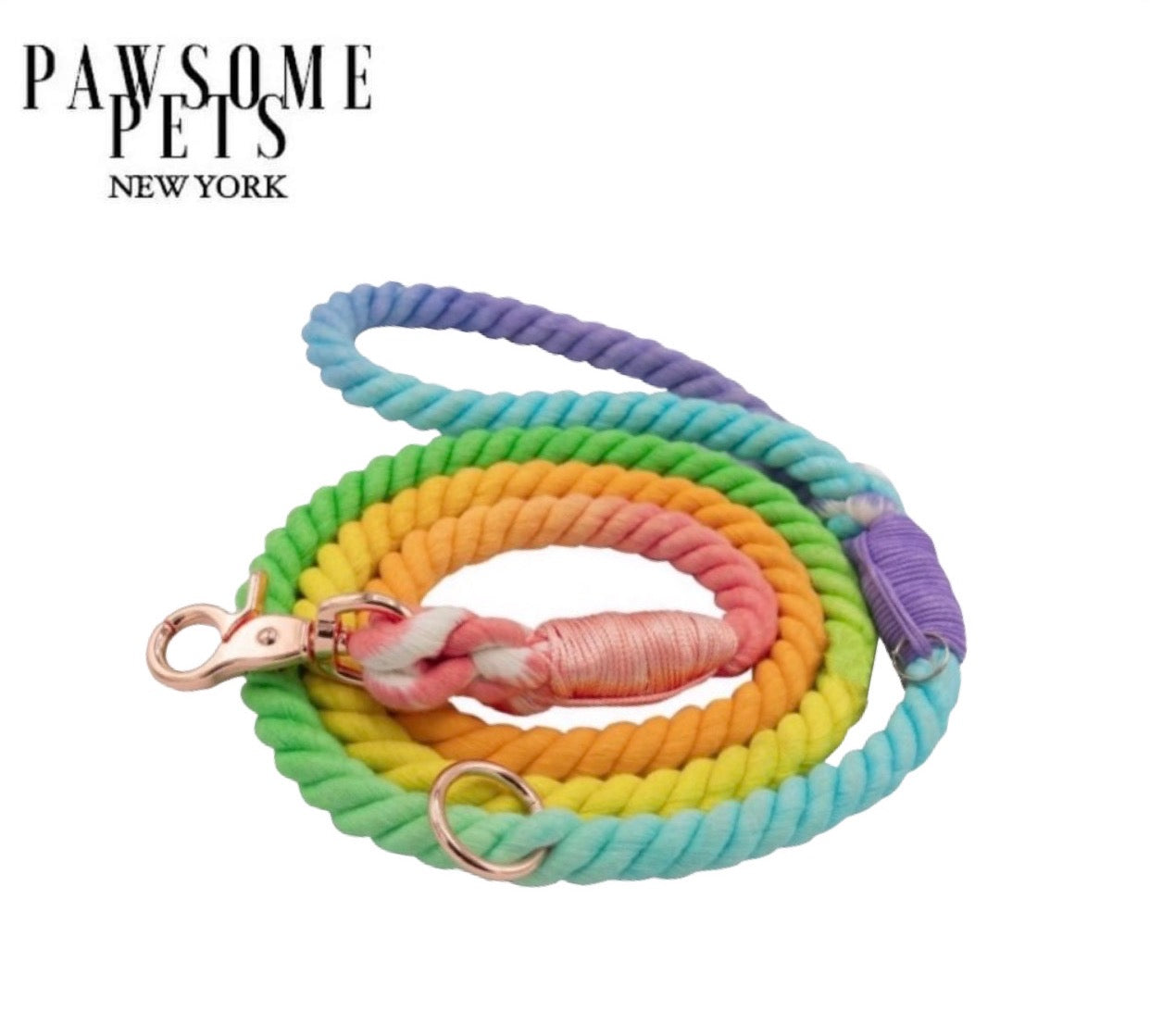 Pastel Rainbow Rope Leash made of durable cotton with luxe hardware and charm, showcasing vibrant colors.
