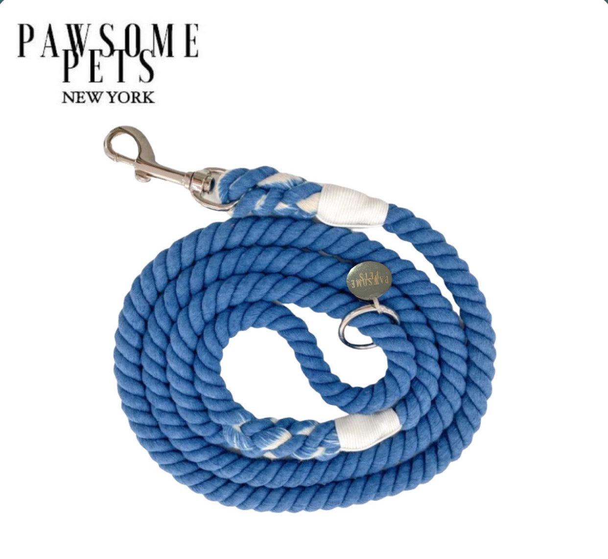 Peacock Blue Rope Leash made of 100% cotton with luxe hardware and a matching charm, showcasing its vibrant color and durability.