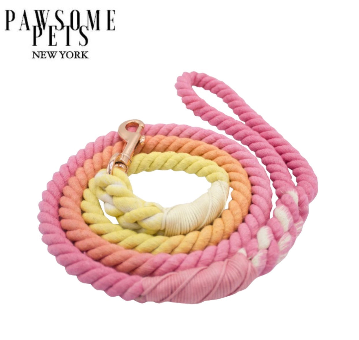 A vibrant Peony Rope Leash made from 100% cotton, featuring luxe hardware and a matching dog charm.