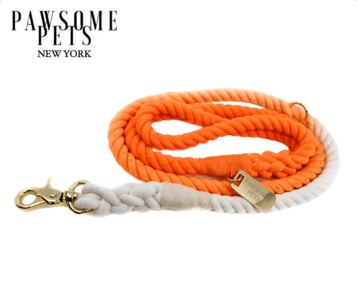 Santa Monica Sunset Rope Leash made of vibrant hand-dyed cotton rope with luxe hardware and a matching charm.
