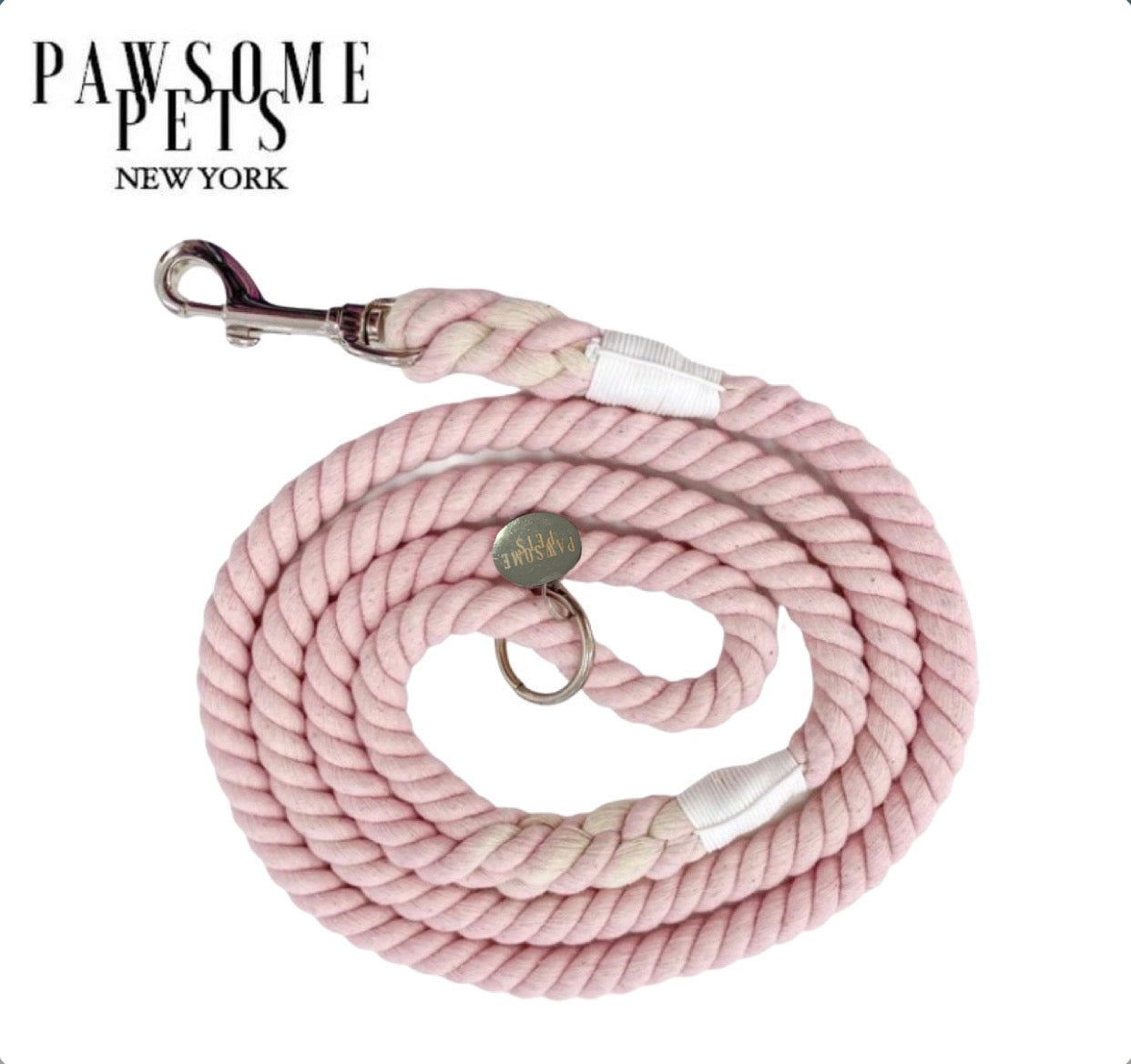 A stylish Silver Pink Rope Leash made from durable cotton, featuring luxe hardware and a matching dog charm.