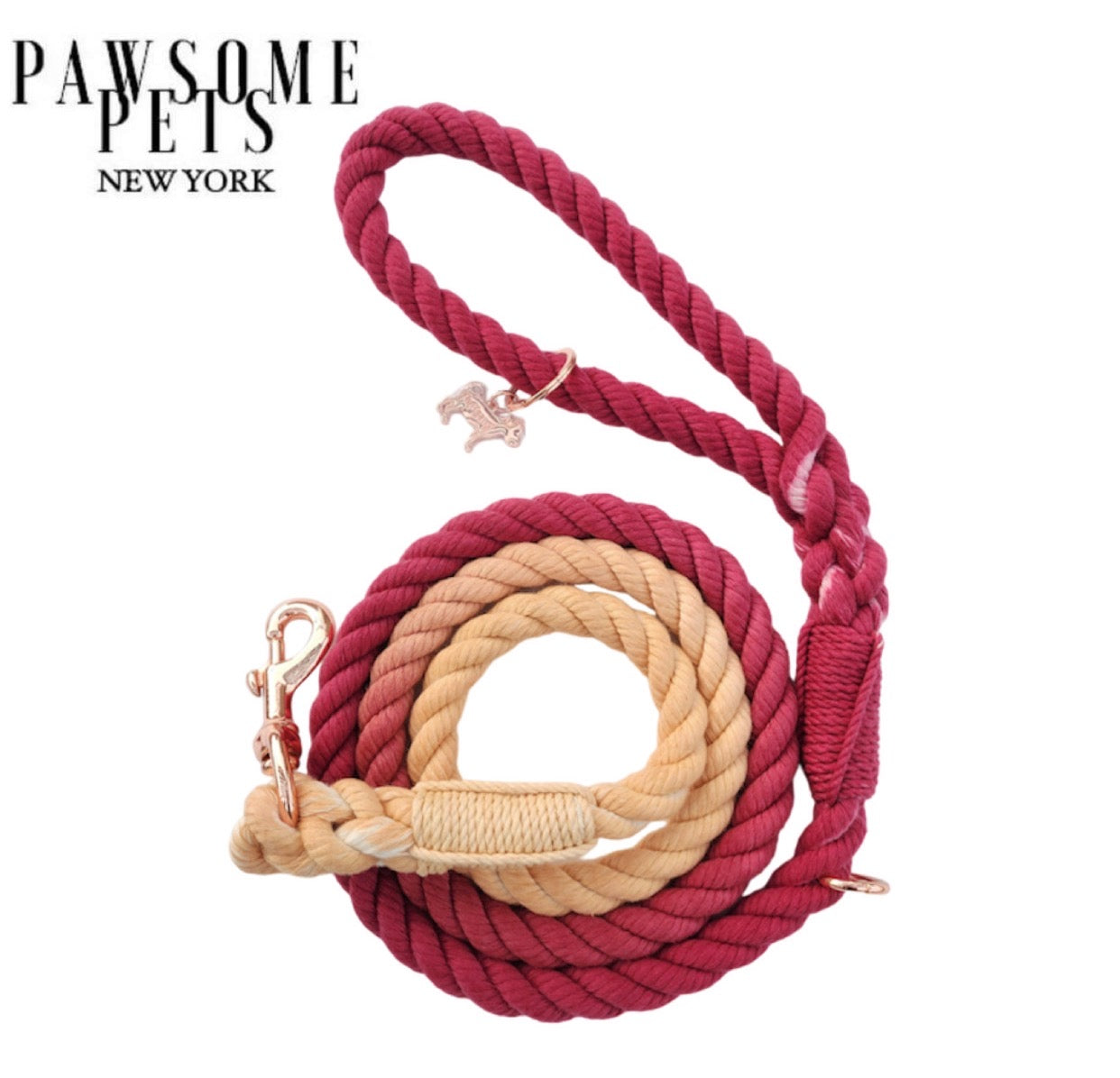 A vibrant Spanish Sunset Rope Leash made of 100% cotton, featuring luxe hardware and a matching dog charm.