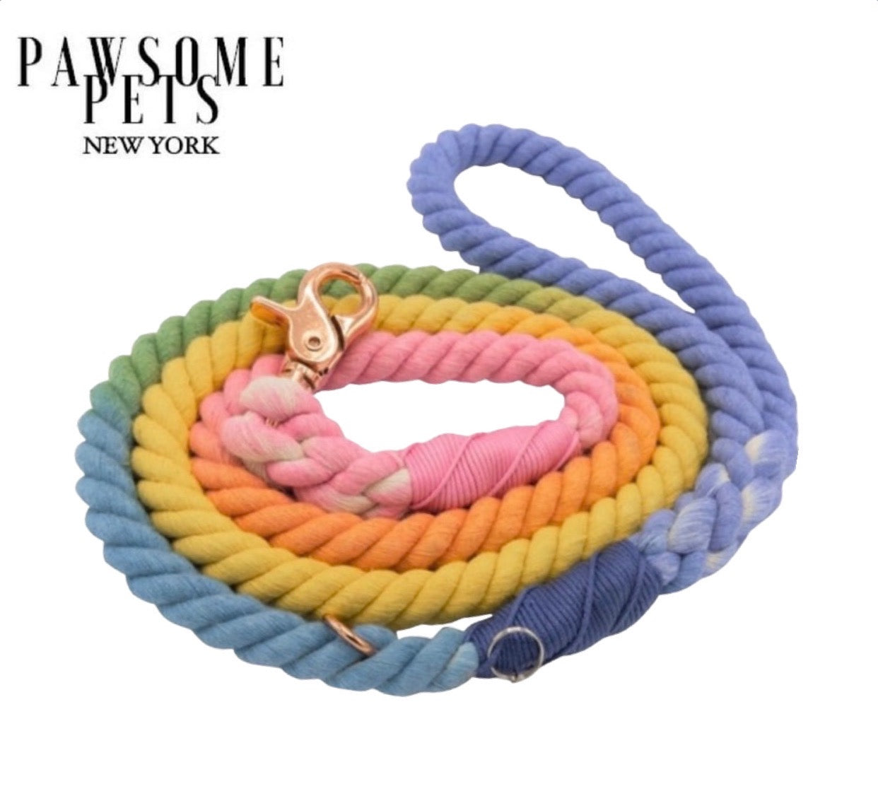 Pawsome Rope Leash - Sprinkles featuring vibrant ombré colors in blue, green, yellow, orange, and pink, made from durable cotton rope.